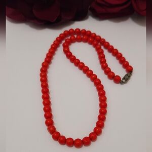 Vintage Genuine Red Coral Beaded Necklace with Silver Clasp 18" Long